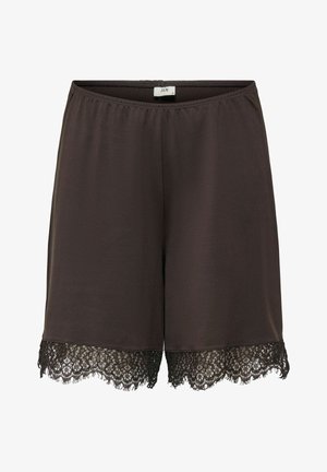 Donkerbruine knielange shorts met elastische tailleband en bloemrijke kanten afwerking aan de zoom, gladde stof, label zichtbaar aan de binnenkant.