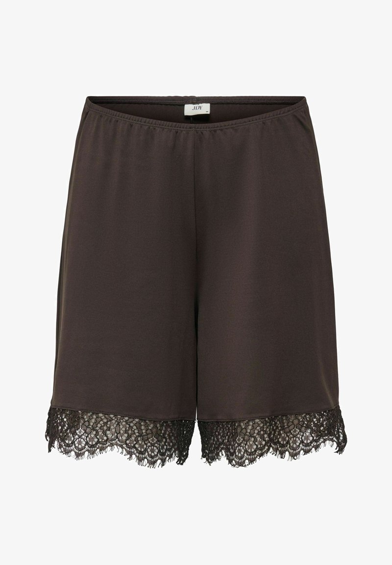Shorts marron foncé longueur genou avec taille élastique et bordure en dentelle florale à l'ourlet, tissu lisse, étiquette visible à l'intérieur.
