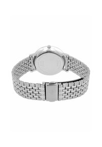 Edelstahl-Uhr mit einem silberfarbenen Mesh-Armband, runder Gehäuseform und sichtbarem Verschluss. Glatter Rücken mit eingravierten Modellinformationen.