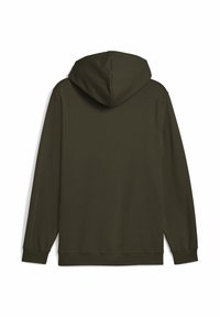 Felpa verde oliva, materiale misto cotone, tasca frontale, maniche lunghe, cappuccio regolabile con cordino, polsini e orlo a coste, texture liscia.