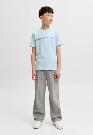 Poiss seisab, vaadates paremale, seljas helesinine trükitud T-särk, laiad hallid püksid ja valged tossud lihtsal heledal taustal.