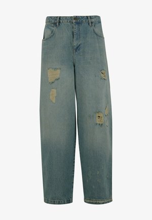 Heledad sinine teksapüksid, millel on mugav lõige, mitme kulunud laigu ja narmendavate servadega. Klassikaline viie taskuga disain.