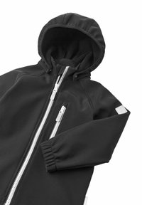 Black jacket with a hood, featuring a full front zipper and two side pockets. Made from smooth, durable material with elastic cuffs.