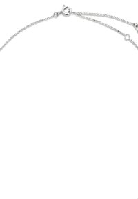 Delicate zilveren ketting met een veerringsluiting op een witte achtergrond, weergegeven in een losse boog.