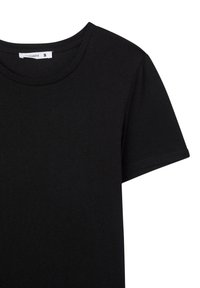 Czarna koszulka z krótkim rękawem i okrągłym dekoltem, wykonana z gładkiej bawełny. Posiada dyskretne przeszycia na rękawach i dekolcie. Rozmiar mały.