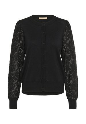 Black cardigan with knit body and lace long sleeves. Features a round neckline and front buttons. Smooth texture; fitted shape.
