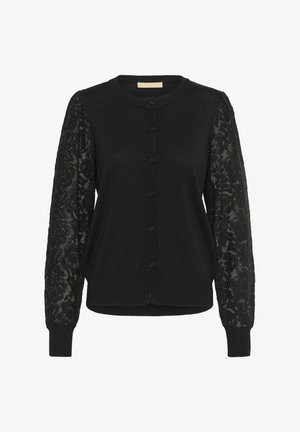 Cardigan nero con corpo in maglia e maniche lunghe in pizzo. Presenta un colletto rotondo e bottoni frontali. Texture morbida; forma aderente.