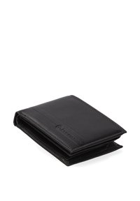 Portafoglio in pelle nera con una texture liscia, design pieghevole, e un logo discreto sul davanti, con più slot per carte e un vano.