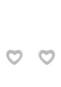 Orecchini a stud a forma di cuore in argento con un centro vuoto, caratterizzati da una superficie liscia e lucida e un design elegante e minimalista.