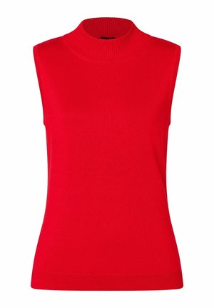 Red sleeveless turtleneck top, made of ribbed knit fabric, features a high neck, fitted silhouette, and smooth texture.