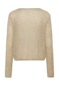 Beige stickad tröja med långa ärmar och rundad halsringning. Mjuk textur, avslappnad kort design och sömlös konstruktion ökar komforten.