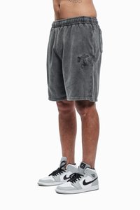 Grå bomullsshorts med elastisk linning, brodert logo-detalj, sidelommer og en avslappet passform, sammen med grå og svarte sneakers.