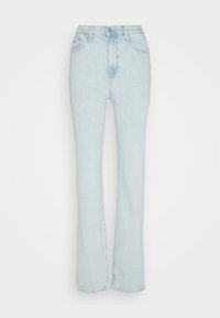 Ljusblå högmidjade jeans med en utsvängd bendesign. Tillverkade av denim med en blekt tvätt. Har en framknäppning och fem fickor.