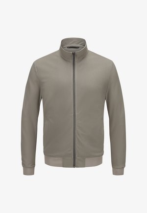 Hellgraue, strukturierte Reißverschlussjacke mit Stehkragen, gerippten Bündchen und Bund, dargestellt auf weißem Hintergrund.