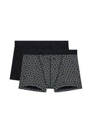 Twee herenslips, één effen zwart en één zwart met witte en grijze geometrische patronen, beide met een zwarte elastische tailleband.