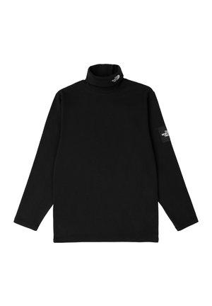 Czarna koszulka z długim rękawem i golfem z logo The North Face na kołnierzu i lewym rękawie.
