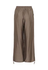 Pantalon marron à jambe large et coupe ample, avec taille élastique et lien coulissant au bas, fabriqué en tissu léger légèrement brillant.