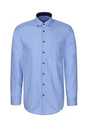 Chemise habillée pour homme bleu clair à manches longues avec col boutonné, boutons noirs et poche poitrine frontale.