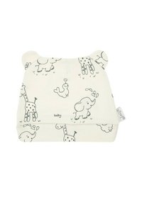 Biała bawełniana czapka dla dziecka z czarnymi wzorami zwierząt, z uszami na górze i podwiniętym brzegiem. Ozdobiona małym napisem "baby".