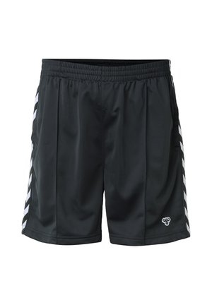 Sorte atletikshorts med elastisk linning, hvide kileformede striber på siderne og en lille bi-logo nær kanten på højre ben.