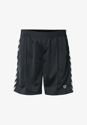 Sorte atletikshorts med elastisk linning, hvide kileformede striber på siderne og en lille bi-logo nær kanten på højre ben.