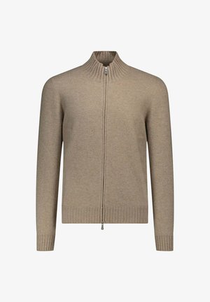 Beige gebreide cardigan met een hoge ribbelkraag, een rits over de volle lengte en ribbelmanchetten en -zoom. Glad textuur met een aansluitend ontwerp.