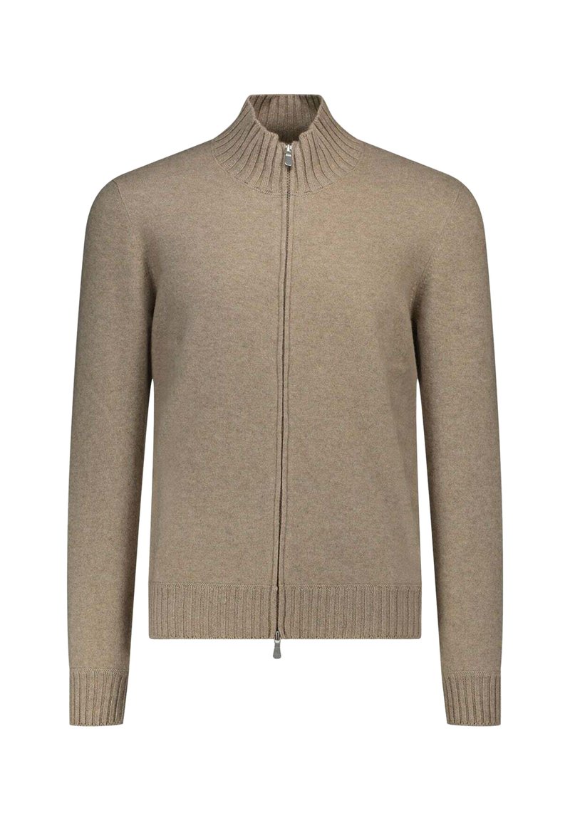 Cardigan beige lavorato a maglia con colletto alto a costine, zip a tutta lunghezza e polsini e orlo a costine. Texture liscia con un design aderente.