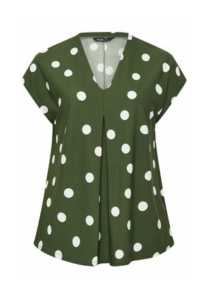 Korte mouwen blouse in olijfgroen met witte polkadots, V-hals en voor geplooide details.