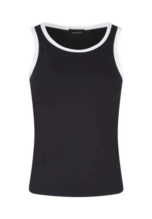 Débardeur noir sans manches avec bordure blanche autour du col et des emmanchures, style ajusté.