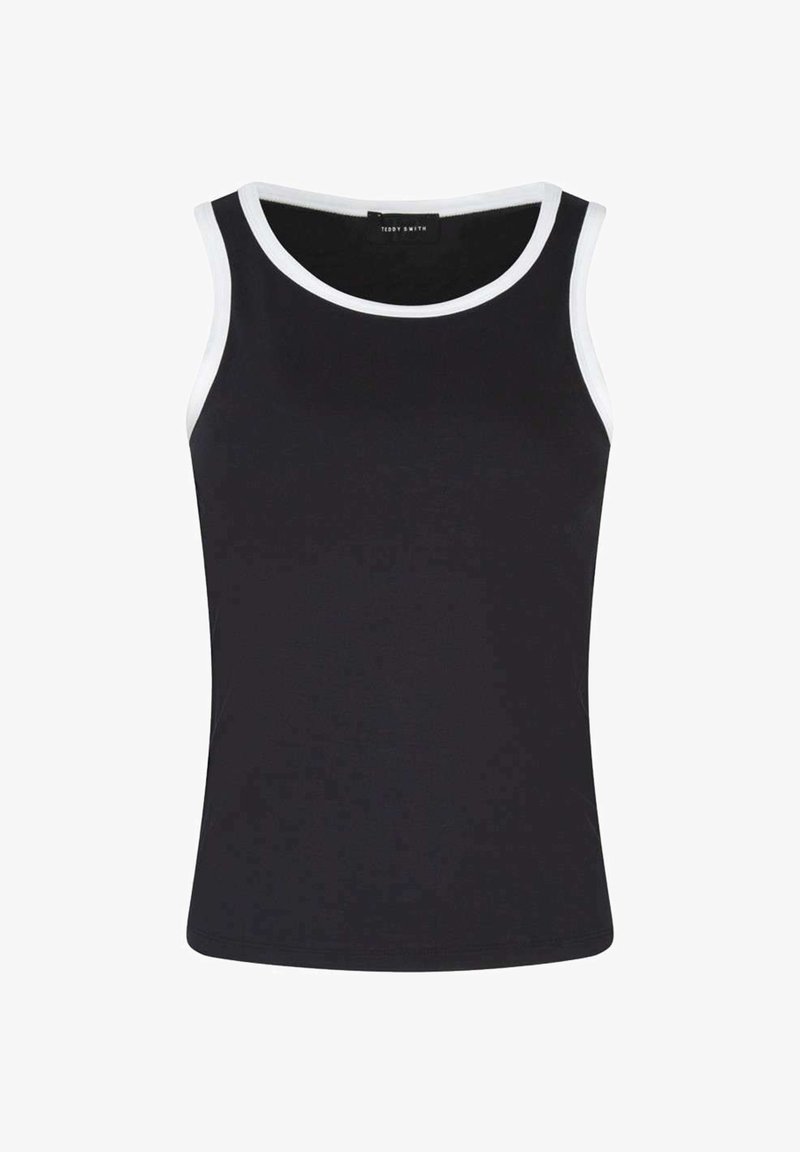 Débardeur noir sans manches avec bordure blanche autour du col et des emmanchures, style ajusté.