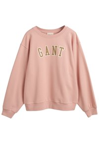 Sweat-shirt rose en mélange de coton doux, avec un col rond, des épaules tombantes, et le logo "GANT" brodé en doré et blanc sur la poitrine.