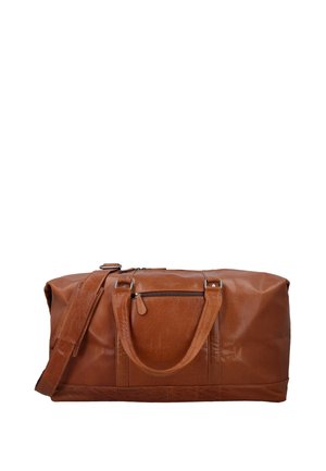 Borsa da viaggio in pelle marrone con due manici, una tracolla rimovibile e una tasca frontale con cerniera, mostrata su sfondo bianco.