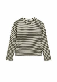 Langarmshirt mit Rundhalsausschnitt, das dünne grüne und cremefarbene horizontale Streifen aufweist. Weicher Stoff mit lockerer Passform und ohne sichtbare Hardware.