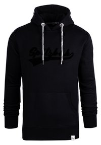 Black hoodie made of soft fabric with a front pocket, drawstrings, and a textured logo. Ribbed cuffs and hem complete the design.