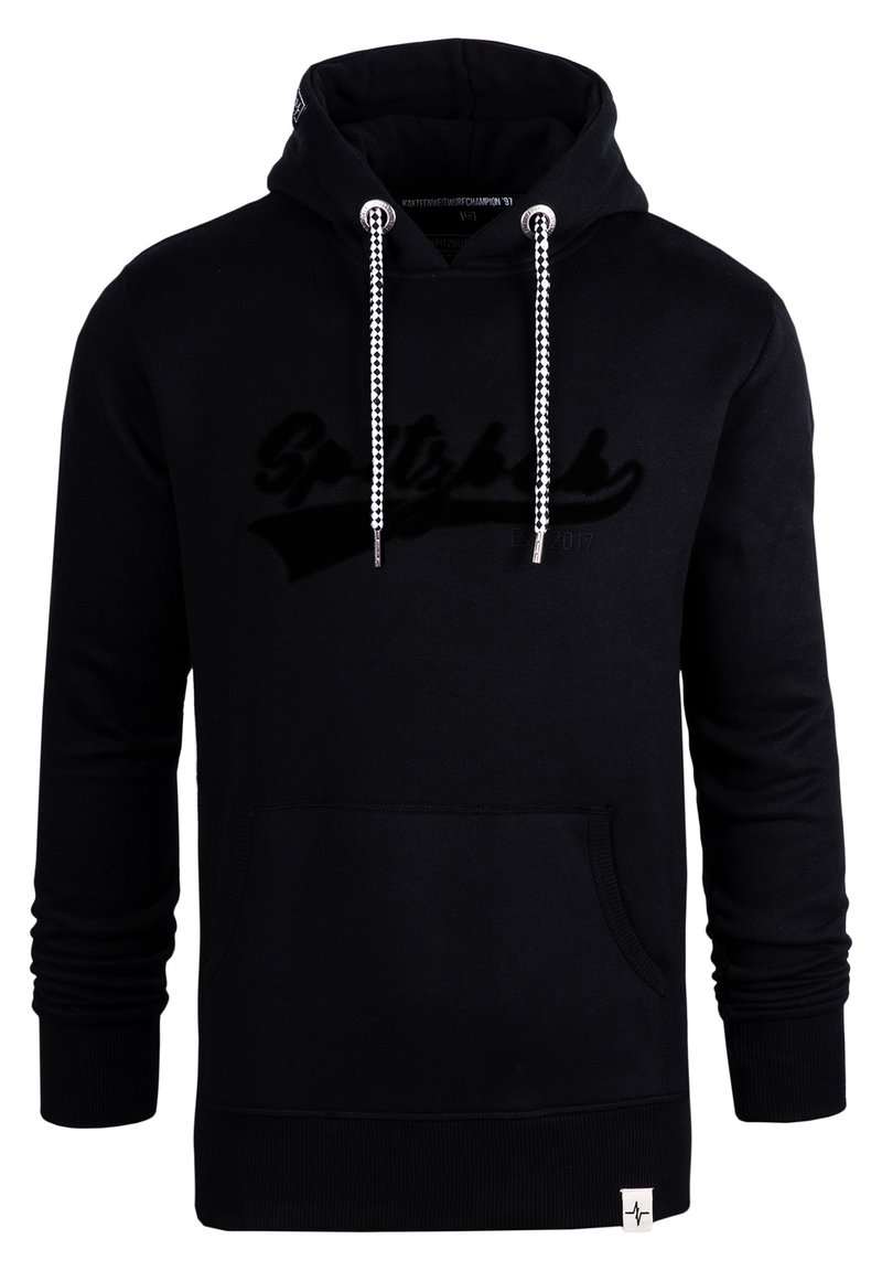 Black hoodie made of soft fabric with a front pocket, drawstrings, and a textured logo. Ribbed cuffs and hem complete the design.