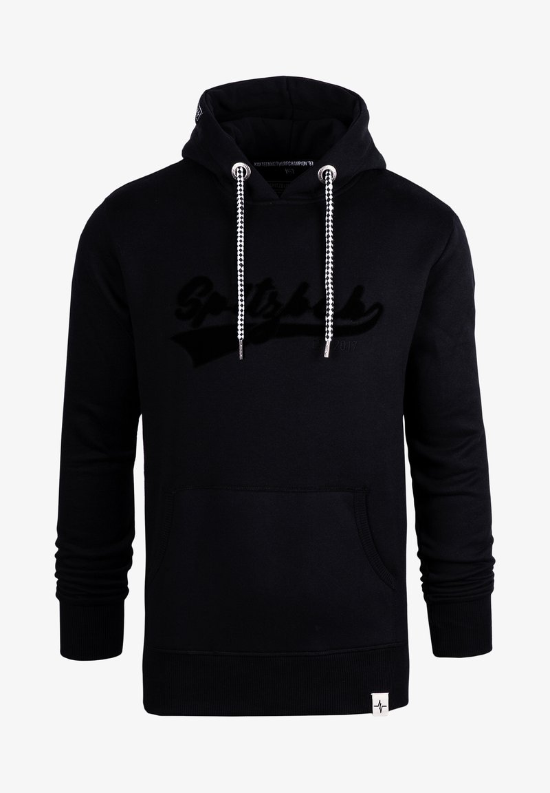 Black hoodie made of soft fabric with a front pocket, drawstrings, and a textured logo. Ribbed cuffs and hem complete the design.