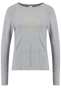 Hellgraues Langarm-Shirt mit Rundhalsausschnitt, aus einem weichen Strickstoff hergestellt, mit lockerer Passform und subtiler Rippstruktur am Halsauschnitt.