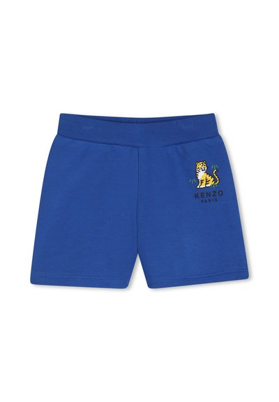 Shorts bleu pour tout-petit avec taille élastique, tigre jaune brodé et texte « KENZO PARIS » sur la jambe gauche.