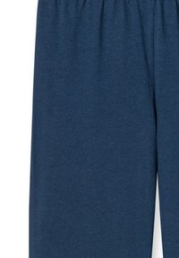 Navy workout shorts made of soft cotton blend fabric. Features an elastic waistband, smooth texture, and knee-length design.