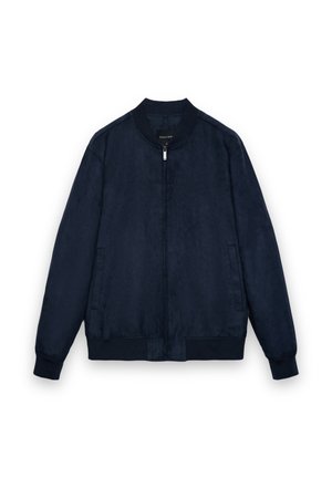 Marineblaue Bomberjacke aus glattem Stoff, mit Reißverschluss vorne, geripptem Kragen und Bündchen sowie zwei seitlichen Taschen. Einfaches und schnörkelloses Design.