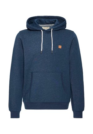 Tume sinine kapuutsiga dress, millel on esiküljel tasku, valged paelad, soonikkoes ääred ja väike pruun ruudukujuline silt vasakul rinnal.