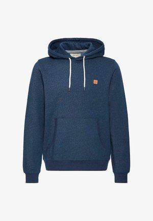 Tume sinine kapuutsiga dress, millel on esiküljel tasku, valged paelad, soonikkoes ääred ja väike pruun ruudukujuline silt vasakul rinnal.