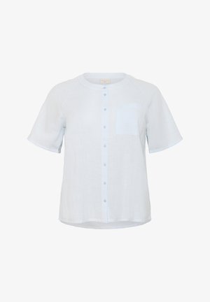 Helles blaues kurzärmliges Hemd aus Leinen mit rundem Halsausschnitt, vorderem Knopfverschluss und kleiner Brusttasche.