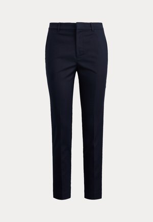 Marineblå skreddersydde bukser med smal passform, som har flat front, sidelommer og glatt tekstur. Ensfarget design uten synlige mønstre.