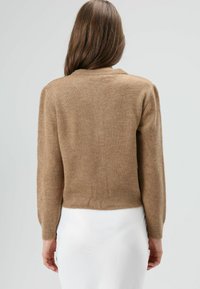 Beige cropped trui met lange mouwen, zachte textuur en geribbelde zoom. Eenvoudig, neutraal ontwerp met een ronde hals, gedragen over een wit kledingstuk.