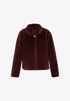 Donker bordeaux nepbont jacket met lange mouwen, ronde kraag en enkele decoratieve knoopsluiting aan de bovenkant.