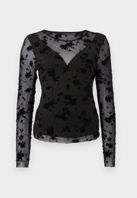 Schwarzes Langarmoberteil mit einem durchscheinenden floralen Design, V-Ausschnitt und gerafften Ärmeln. Der Stoff hat eine weiche, strukturierte Oberfläche.