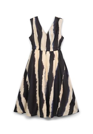 Abito midi senza maniche con scollatura a V e strisce verticali tie-dye nere, beige e grigie, con vita arricciata.