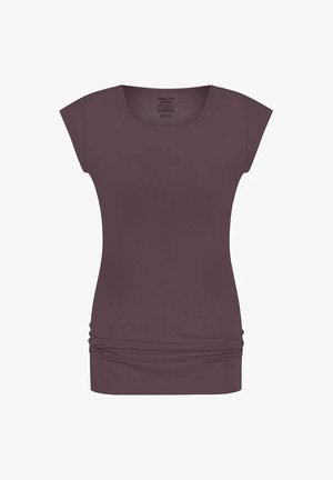 Violetti lyhythihainen paita, jossa on pyöreä kaula-aukko, kerätty helma ja sileä kangastuntu. Yksinkertainen, tiukka muotoilu ilman kuvioita.