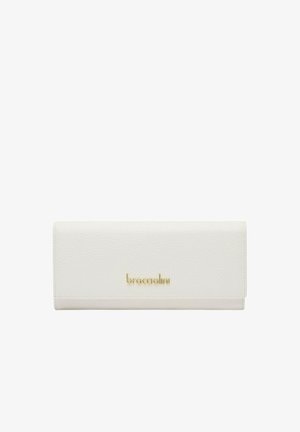 Portafoglio rettangolare in pelle bianca con logo dorato "braccialini" centrato sulla patta anteriore, design minimalista, cuciture lungo i bordi.